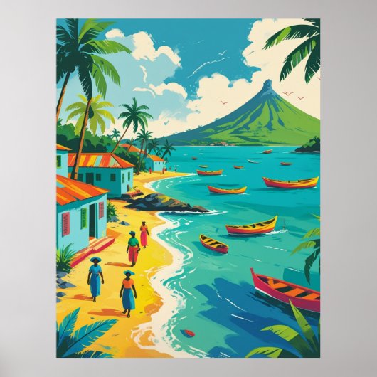 Vintage Caribbean island life scene colourful ポスター (正面)