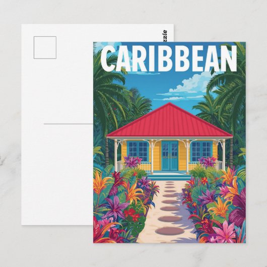 Vintage Caribbean Tropical House ポストカード (正面/裏面)