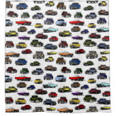 Vintage Carsイラストランダムパターン シャワーカーテン (正面)