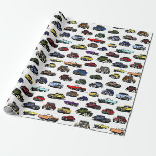Vintage Carsイラストランダムパターン ラッピングペーパー