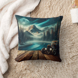 Vintage Cars by Serene Mountain River at Night クッション