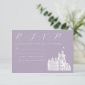 Vintage Castle Illustration Lavender Wedding 出欠カード (スタンド正面)