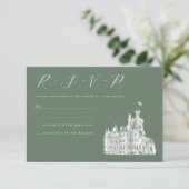 Vintage Castle Illustration Sage Green Wedding 出欠カード (スタンド正面)