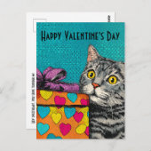 Vintage Cat & Heart Gift Box Valentine's Day ポストカード (正面/裏面)
