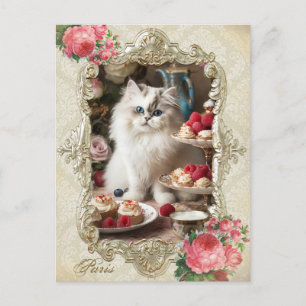 Vintage Cat,Kitten,French,paris,tea,cake,roses,猫 ポストカード