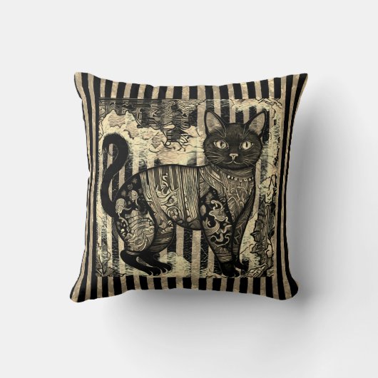Vintage Cat Retro,Stripes Pattern  クッション (裏面)