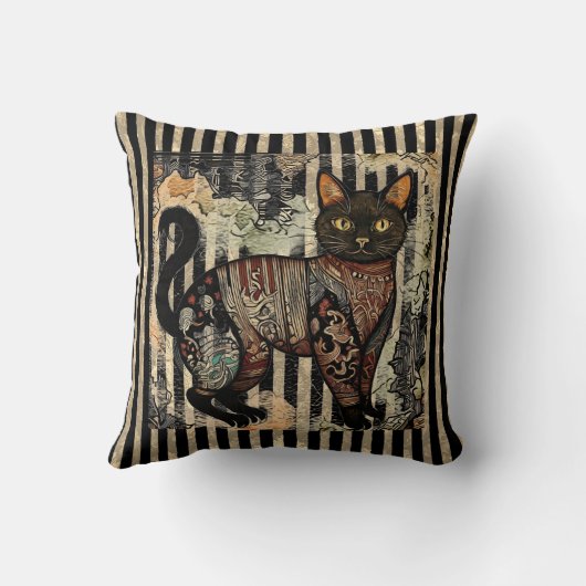 Vintage Cat Retro,Stripes Pattern クッション (裏面)