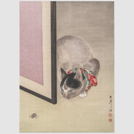 Vintage Cat Watching a Spider Decoupage  薄葉紙 (正面)