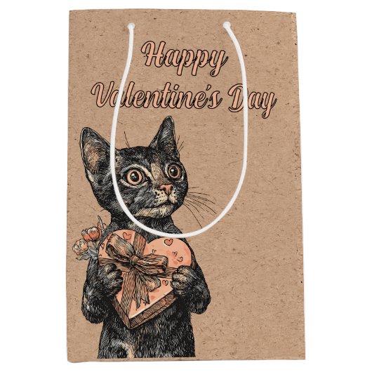 Vintage Cat With Heart Box Valentines Day ミディアムペーパーバッグ (正面)