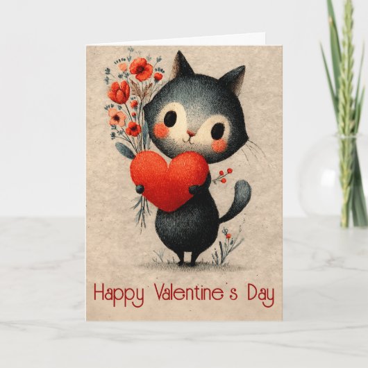 Vintage Cat With Heart Valentine's Day カード (正面)
