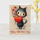 Vintage Cat With Heart Valentine's Day カード (黄色い花)
