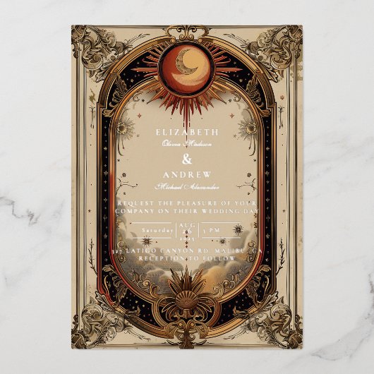 Vintage Celestial Art Nouveau Wedding 箔招待状 (正面)