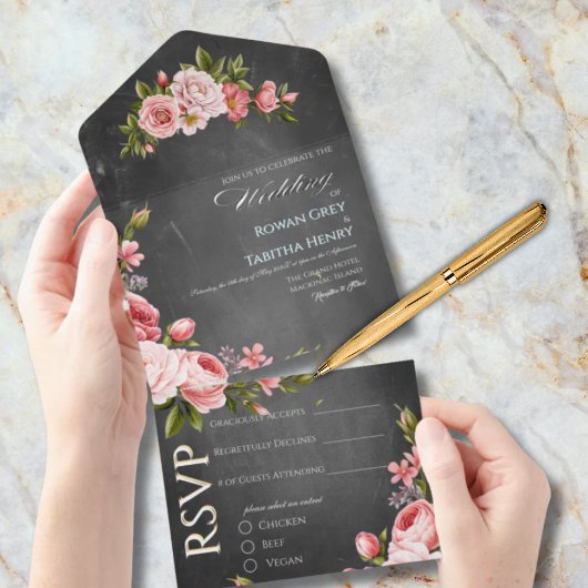 Vintage Chalkboard Boho Floral wedding  オールインワン招待状