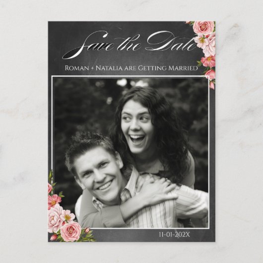 Vintage Chalkboard Boho Floral wedding  ポストカード (正面)