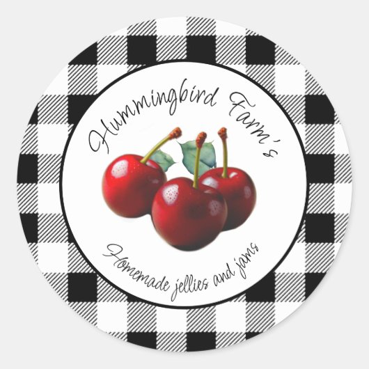 Vintage Cherries black white gingham ラウンドシール (正面)