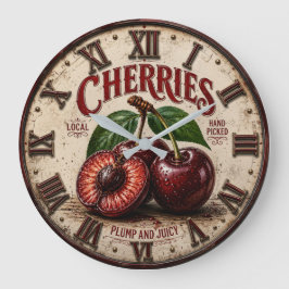 Vintage Cherries Rustic Farm Fresh Fruit Market ラージ壁時計