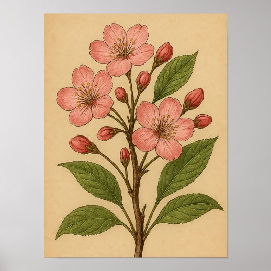 Vintage Cherry Blossom on Weathered Paper ポスター (正面)