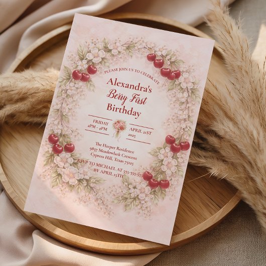 Vintage Cherry Garden Girl 1st Birthday 招待状
