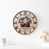 Vintage Cherry Rustic Farmhouse Fruit Kitchen  ラージ壁時計 (ホーム)