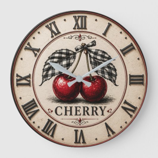 Vintage Cherry Rustic Farmhouse Fruit Kitchen  ラージ壁時計 (正面)