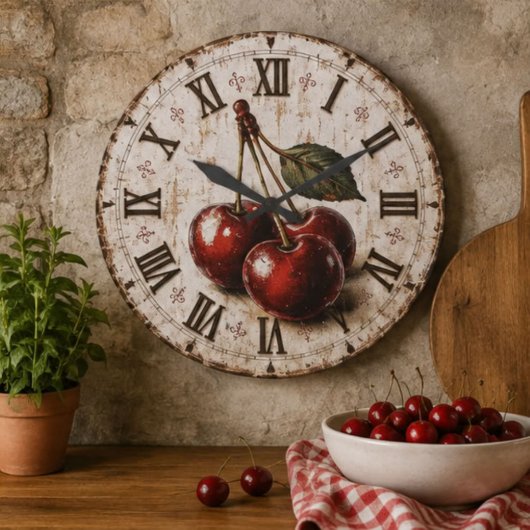 Vintage Cherry Rustic Farmhouse Kitchen ラージ壁時計