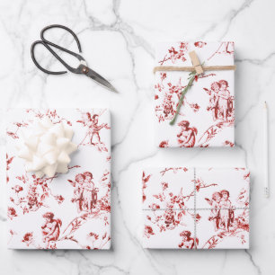 Vintage Cherub Cupid Angels Floral Red Toile  ラッピングペーパーシート