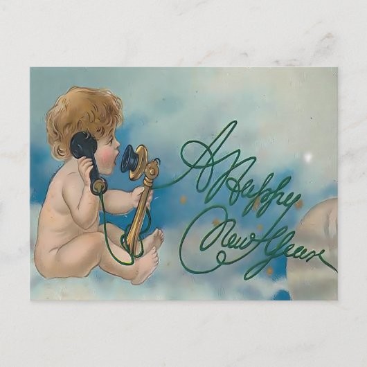 Vintage Cherub Telephone Call | Happy New Year ポストカード (正面)