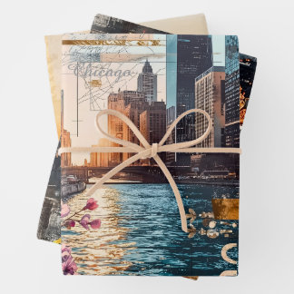 Vintage Chicago Collage Urban Reverie ラッピングペーパーシート