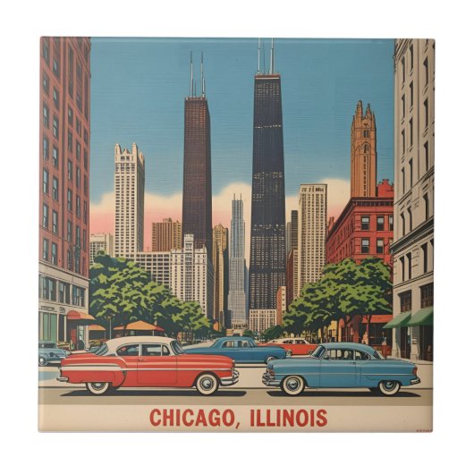 Vintage Chicago Illinois City Skyline Retro Travel タイル (正面)