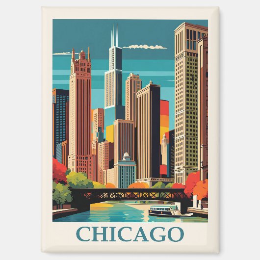 Vintage Chicago Illinois City Skyline Retro Travel マグネット (正面)