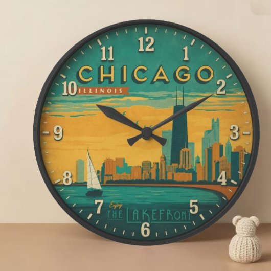Vintage Chicago Skyline Lakefront Art ラージ壁時計
