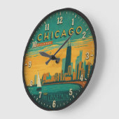 Vintage Chicago Skyline Lakefront Art ラージ壁時計 (傾斜)
