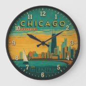 Vintage Chicago Skyline Lakefront Art ラージ壁時計 (正面)