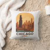Vintage Chicago USA Travel Retro City Skyline クッション (ブランケット)