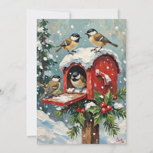 Vintage Chickadees on Snowy Christmas Mailbox シーズンカード (正面)