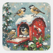 Vintage Chickadees on Snowy Christmas Mailbox スクエアシール (正面)