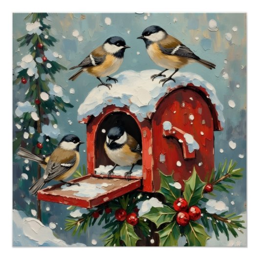 Vintage Chickadees on Snowy Christmas Mailbox ポスター (正面)