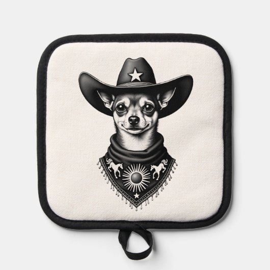 Vintage Chihuahua Cowboy Engraving Style Western D 鍋敷き (正面)