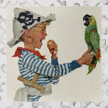 Vintage Child, Boy Playing Pirate Parrot Bird ジグソーパズル<br><div class="desc">Vintage illustration children image featuring a child dressed as a pirate wearing a newspaper hat with a skull and crossbones and playing with his pet parrot bird. AAARRRGH a matey! Can Polly bird speak like a Pirate?</div>