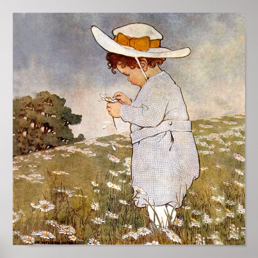 Vintage child picking daisy flowers ポスター (正面)