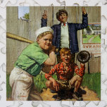 Vintage Children Boys Sports Baseball Player Game ジグソーパズル<br><div class="desc">Vintage illustration children sports image featuring three kids playing backyard stickball,  baseball; batter,  catcher and umpire. Artist: Joseph Francis Kernan.</div>