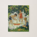 Vintage Children Playing Toy Sailboats Summer Pond ジグソーパズル<br><div class="desc">Vintage illustration children and babies image with three kids playing at the lake with their toy sailboat. The boys and girls are in their bathing suits having fun in the water under the shade of the trees. These best friends are creating lasting friendships enjoying the summer season.</div>