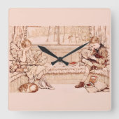 Vintage Children Reading cozy Illustration  スクエア壁時計 (正面)