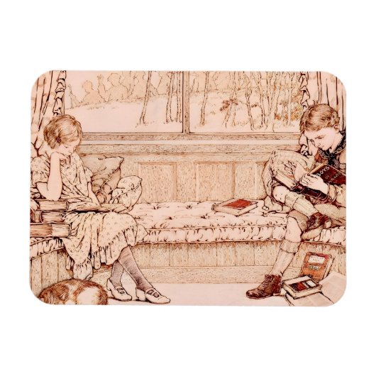 Vintage Children Reading cozy Illustration  マグネット (横)