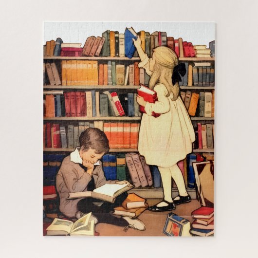 Vintage Children Reading Library Books ジグソーパズル (縦)