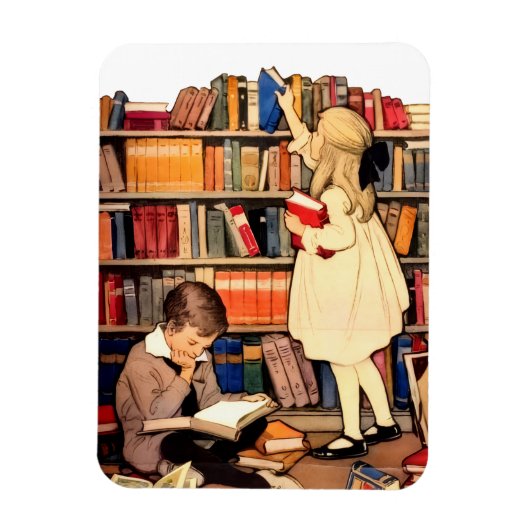 Vintage Children Reading Library Books マグネット (縦)
