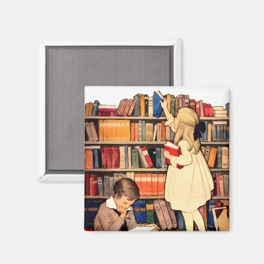Vintage Children Reading Library Books マグネット (正面/裏面)