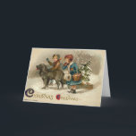 Vintage - Children & Their Dog at Christmas, シーズンカード<br><div class="desc">A vintage Christmas card image features a young boy and girl walking in a wooded area on a snowy winter's day with their dog. The girl carries a basket full of fruit and the boy appears to be pointing the way. The front of the card says "Christmas Greetings" and the...</div>