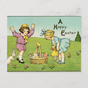 Vintage Children With Bunnies and a Basket Easter ポストカード