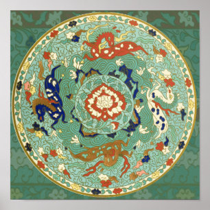 Vintage Chinese Blue Green Art Design Nature ポスター